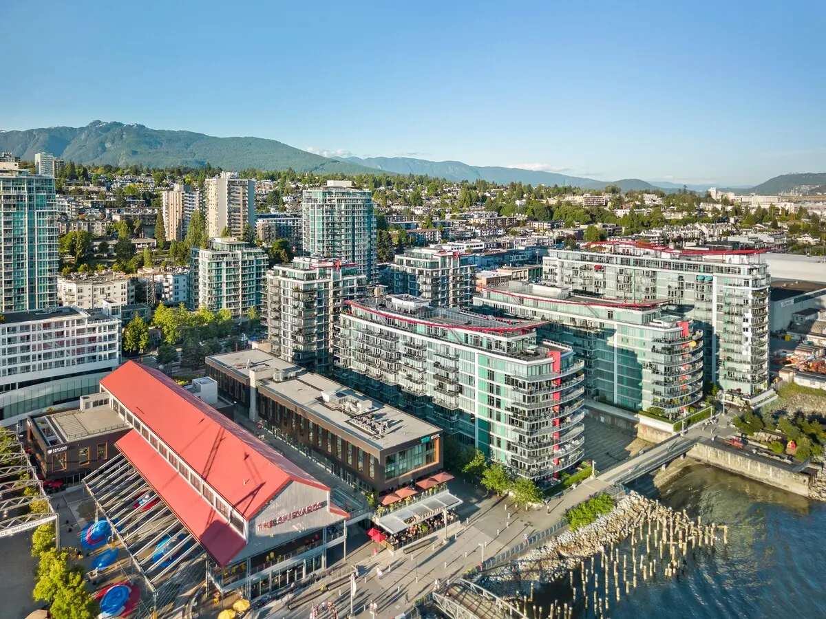 Lower Lonsdale waterfront, The Shipyards, and the North Shore mountains