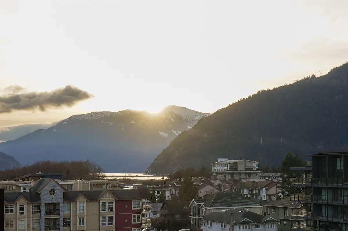 Squamish neighbourhood with the mountains and inlet at sunset