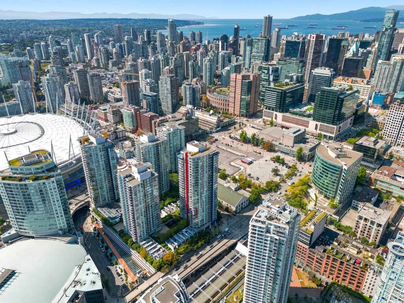Downtown Vancouver skyline, BC Place, and the harbour